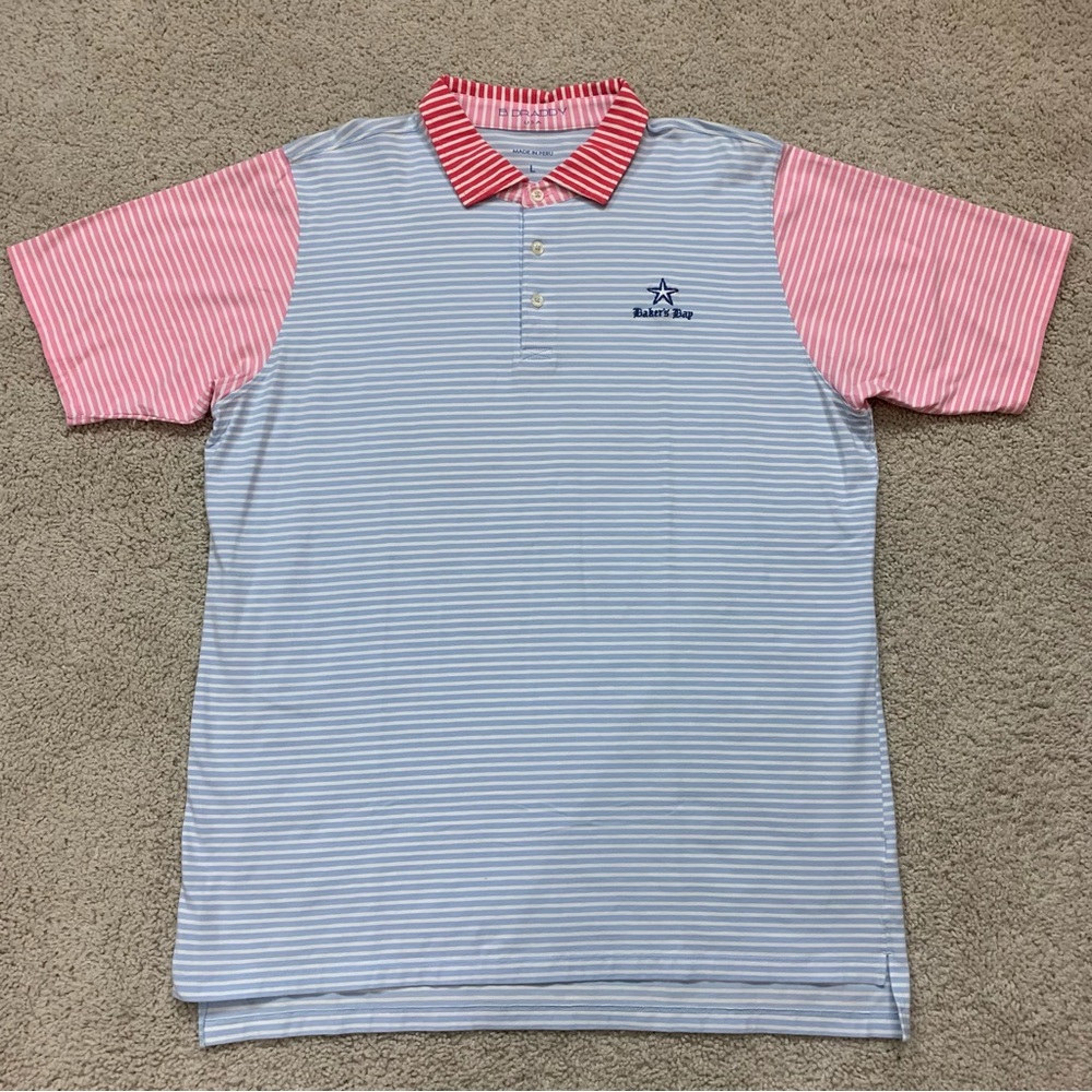 Men's B DRADDY Blue Pink & White STRIPED Polo Style GOLF Athletic SHIRT  L